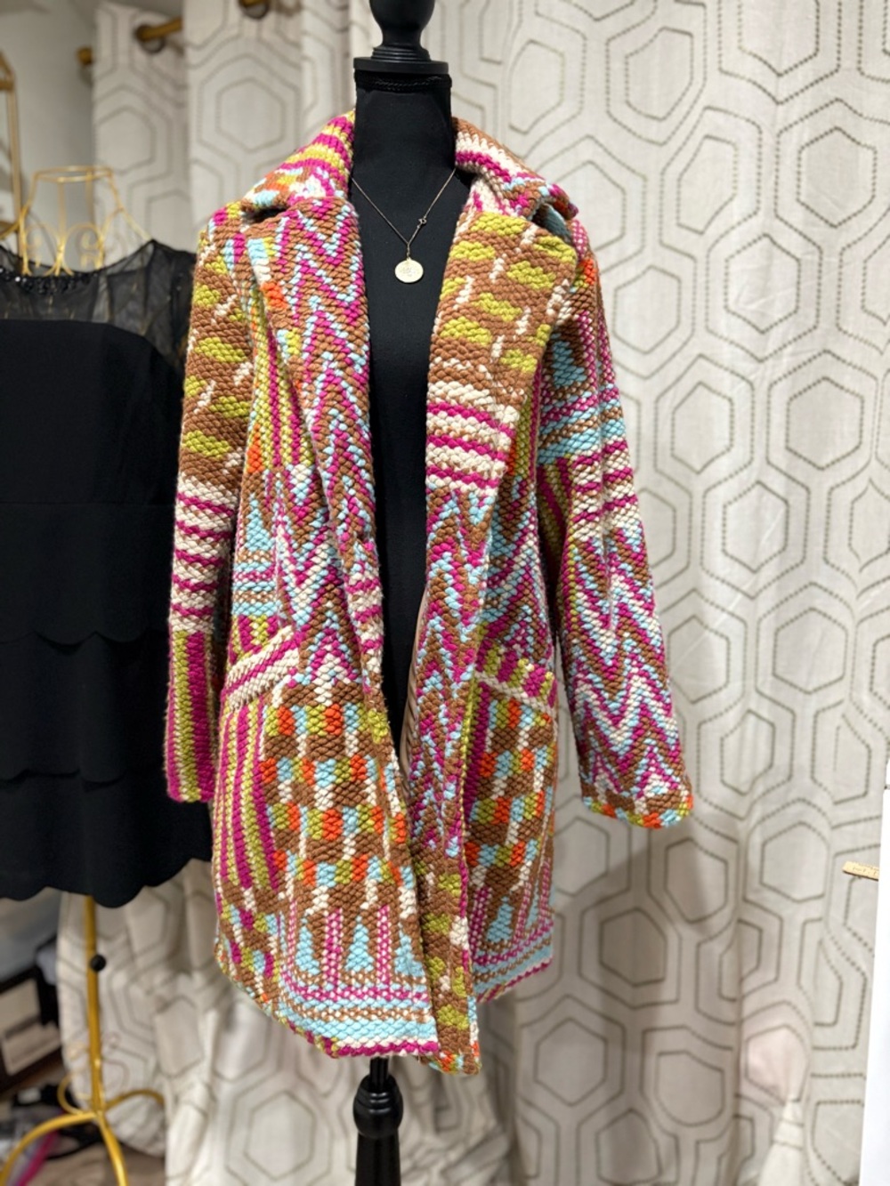 Tempo Paris Chunky Knit Boucle Coat Multi Color Fuchsia Size M/L - Picture 3 of 15